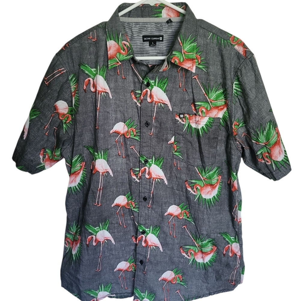 Ocean Current Flamingo Print Gray  Casual Button Down Shirt